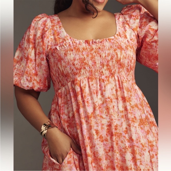 By Anthropologie Short-Sleeve Smocked Babydoll Midi Dress Size 1X - Picture 3 of 13